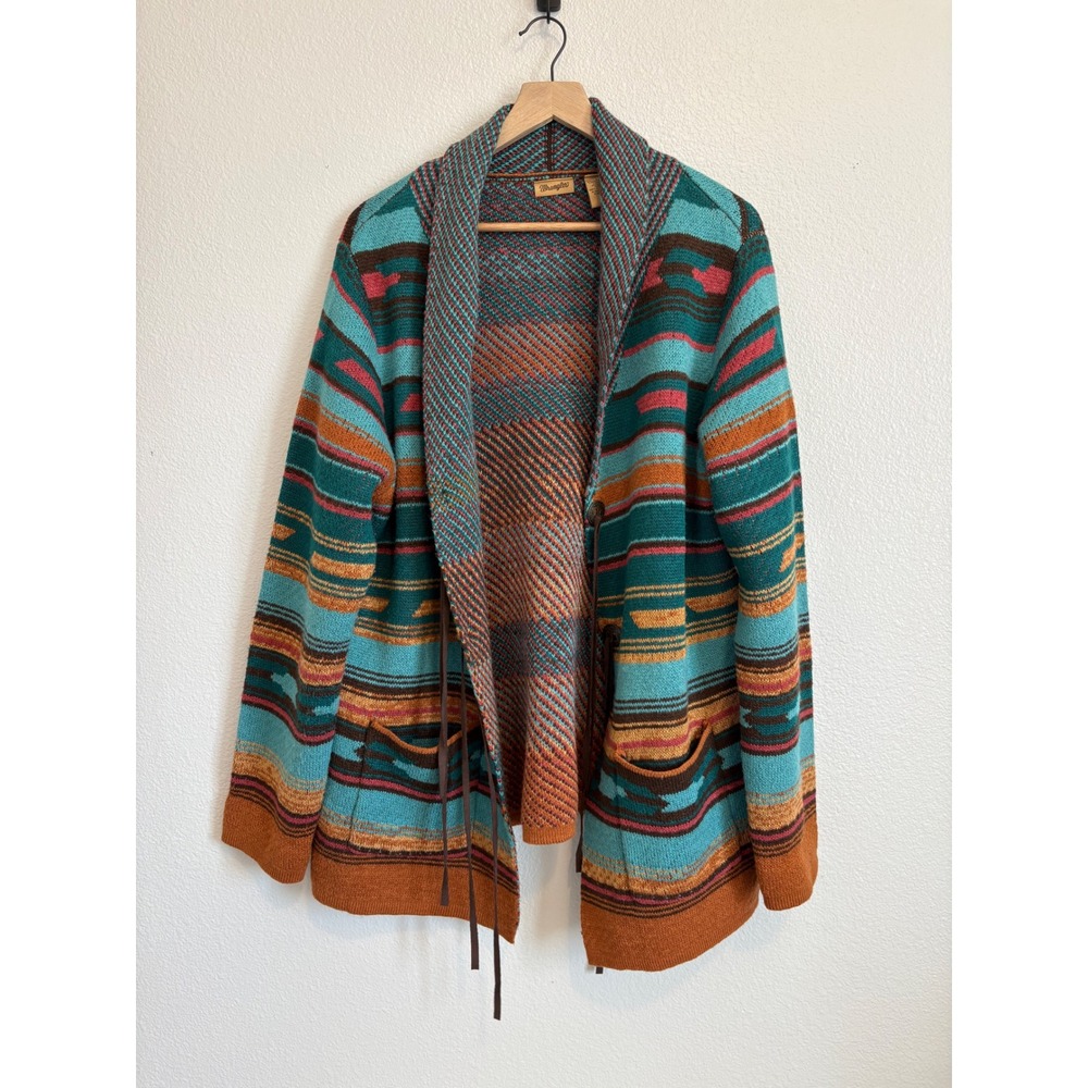Wrangler Womens Open Cardigan Southwestern Size XXL Teal Rust Concho Button